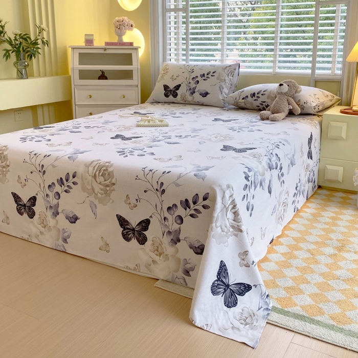 91家纺网 家纺一手货源 找家纺 慕尚家纺 2025新款全棉纯棉老粗布花卉床单款凉席席子 花蝶纷飞