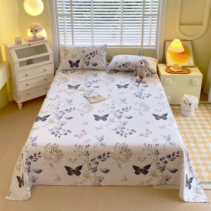 91家纺网 家纺一手货源 找家纺 慕尚家纺 2025新款全棉纯棉老粗布花卉床单款凉席席子 花蝶纷飞