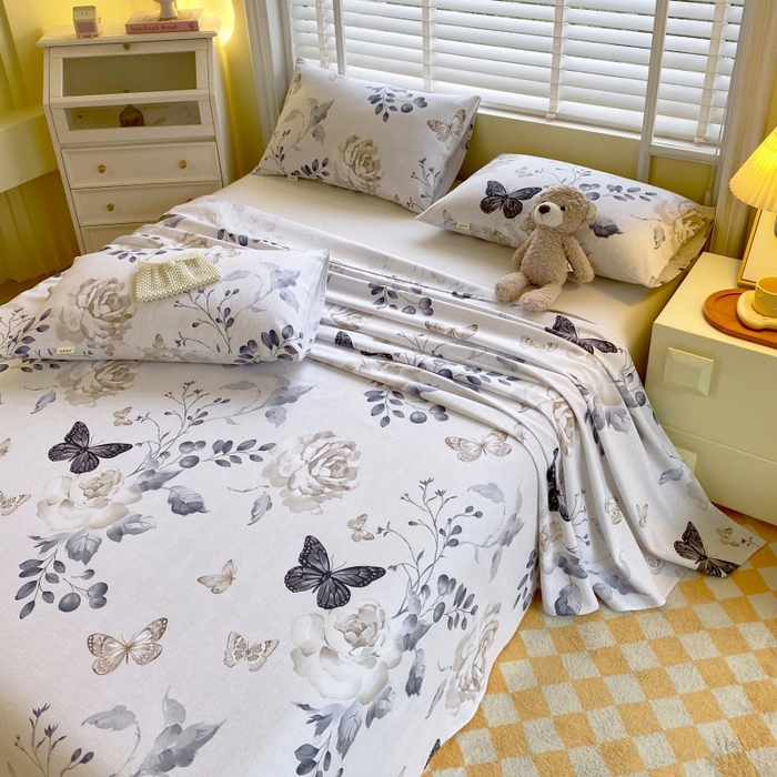 91家纺网 家纺一手货源 找家纺 慕尚家纺 2025新款全棉纯棉老粗布花卉床单款凉席席子 花蝶纷飞