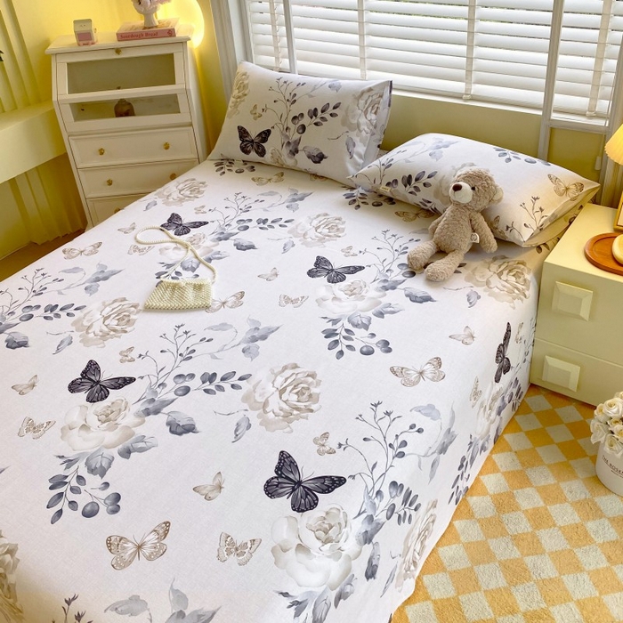 91家纺网 家纺一手货源 找家纺 慕尚家纺 2025新款全棉纯棉老粗布花卉床单款凉席席子 花蝶纷飞