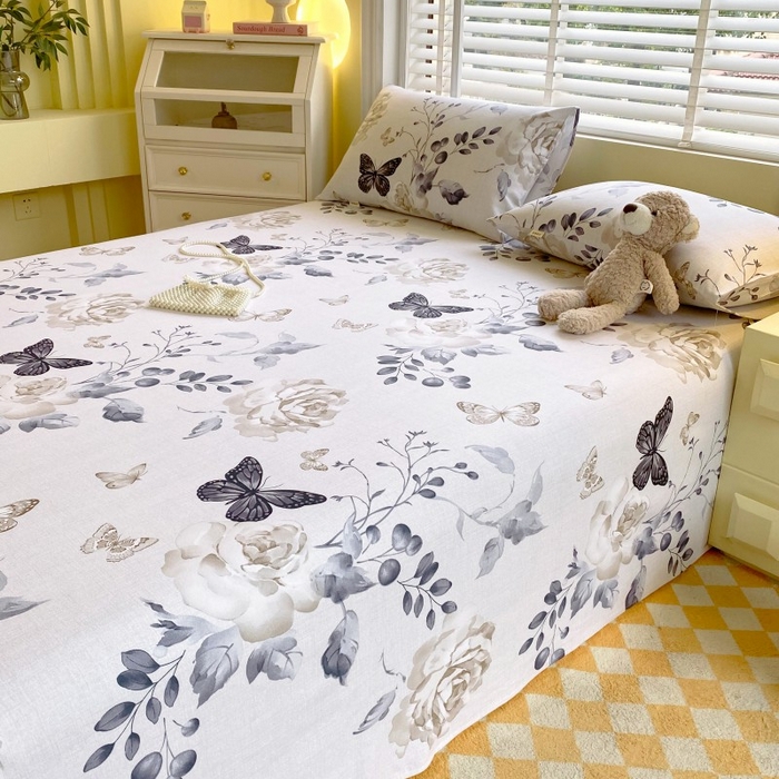 91家纺网 家纺一手货源 找家纺 慕尚家纺 2025新款全棉纯棉老粗布花卉床单款凉席席子 花蝶纷飞