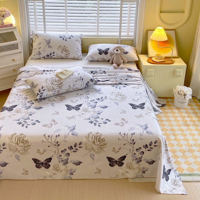 91家纺网 家纺一手货源 找家纺 慕尚家纺 2025新款全棉纯棉老粗布花卉床单款凉席席子 花蝶纷飞