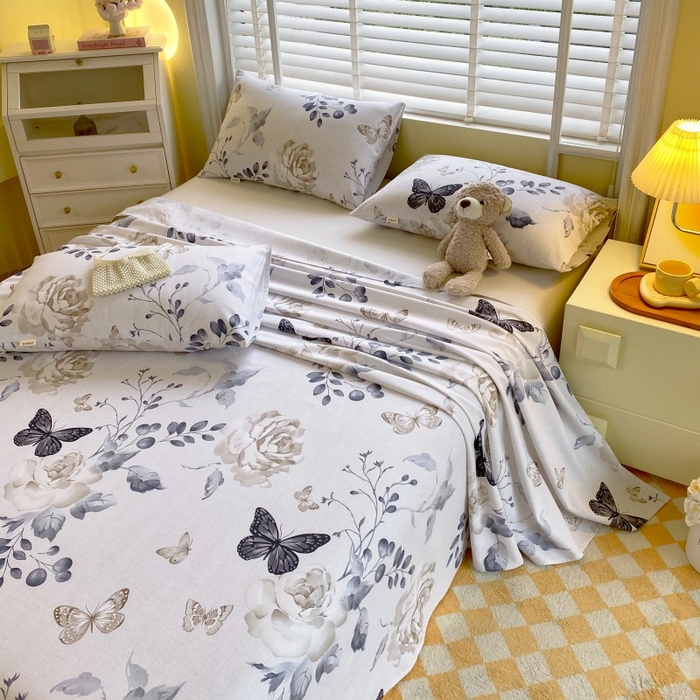 91家纺网 家纺一手货源 找家纺 慕尚家纺 2025新款全棉纯棉老粗布花卉床单款凉席席子 花蝶纷飞