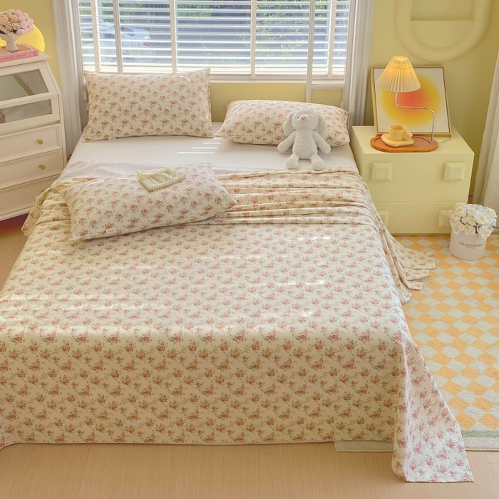 91家纺网 家纺一手货源 找家纺 慕尚家纺 2025新款全棉纯棉老粗布花卉床单款凉席席子 花海-粉