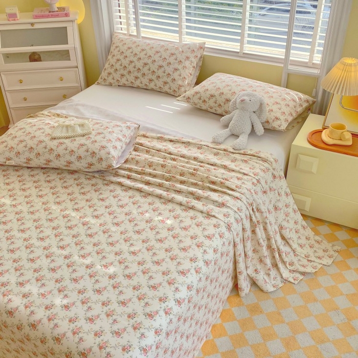 91家纺网 家纺一手货源 找家纺 慕尚家纺 2025新款全棉纯棉老粗布花卉床单款凉席席子 花海-粉