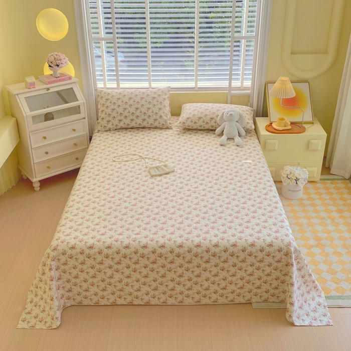 91家纺网 家纺一手货源 找家纺 慕尚家纺 2025新款全棉纯棉老粗布花卉床单款凉席席子 花海-粉