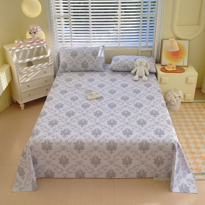 91家纺网 家纺一手货源 找家纺 慕尚家纺 2025新款全棉纯棉老粗布花卉床单款凉席席子 花开富贵-灰