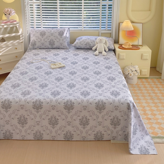 91家纺网 家纺一手货源 找家纺 慕尚家纺 2025新款全棉纯棉老粗布花卉床单款凉席席子 花开富贵-灰