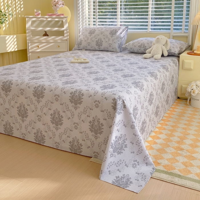 91家纺网 家纺一手货源 找家纺 慕尚家纺 2025新款全棉纯棉老粗布花卉床单款凉席席子 花开富贵-灰