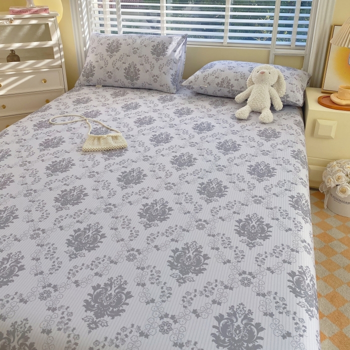 91家纺网 家纺一手货源 找家纺 慕尚家纺 2025新款全棉纯棉老粗布花卉床单款凉席席子 花开富贵-灰