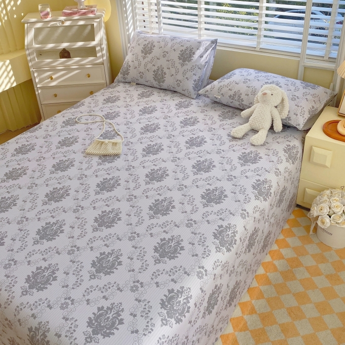 91家纺网 家纺一手货源 找家纺 慕尚家纺 2025新款全棉纯棉老粗布花卉床单款凉席席子 花开富贵-灰