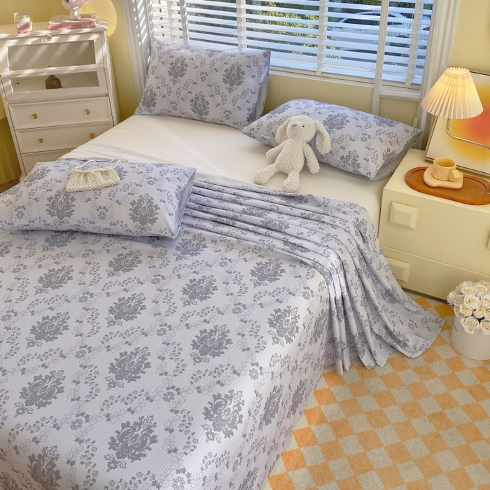 91家纺网 家纺一手货源 找家纺 慕尚家纺 2025新款全棉纯棉老粗布花卉床单款凉席席子 花开富贵-灰