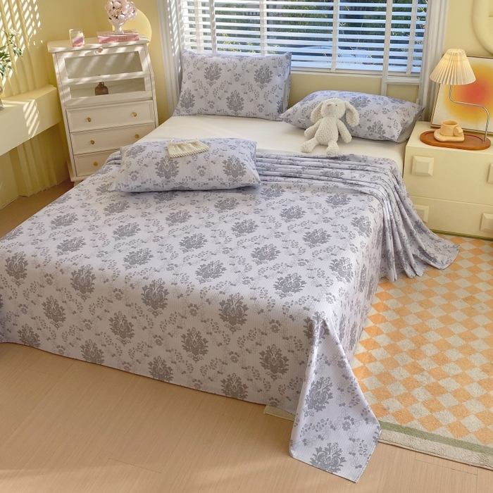 91家纺网 家纺一手货源 找家纺 慕尚家纺 2025新款全棉纯棉老粗布花卉床单款凉席席子 花开富贵-灰