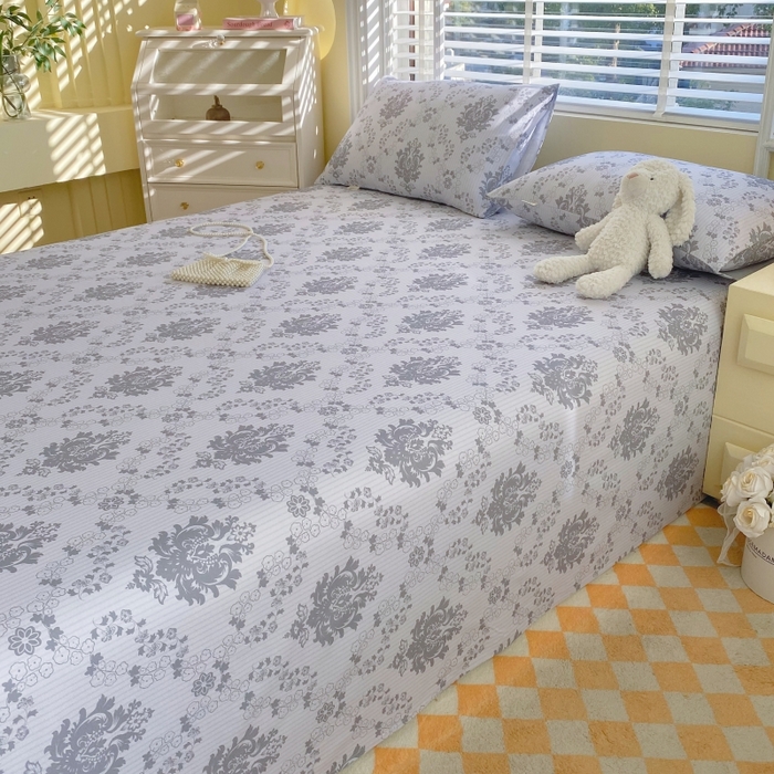 91家纺网 家纺一手货源 找家纺 慕尚家纺 2025新款全棉纯棉老粗布花卉床单款凉席席子 花开富贵-灰