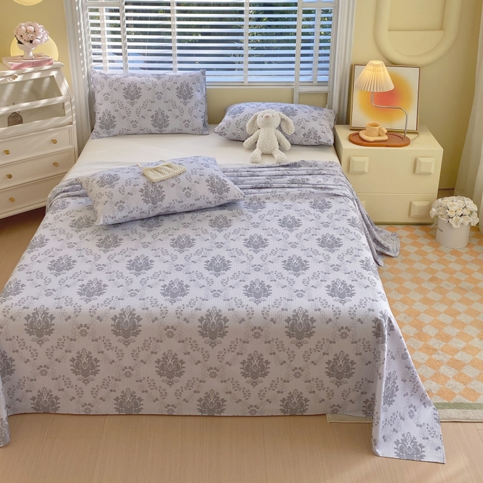 91家纺网 家纺一手货源 找家纺 慕尚家纺 2025新款全棉纯棉老粗布花卉床单款凉席席子 花开富贵-灰