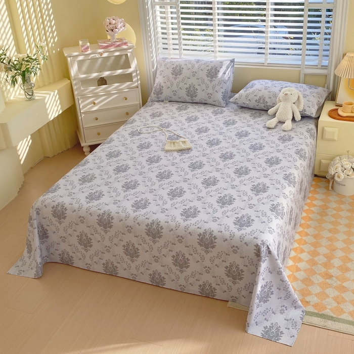 91家纺网 家纺一手货源 找家纺 慕尚家纺 2025新款全棉纯棉老粗布花卉床单款凉席席子 花开富贵-灰