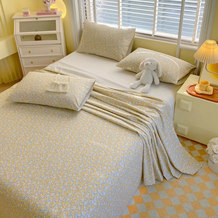 91家纺网 家纺一手货源 找家纺 慕尚家纺 2025新款全棉纯棉老粗布花卉床单款凉席席子 花漾-黄