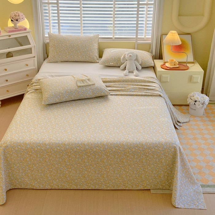 91家纺网 家纺一手货源 找家纺 慕尚家纺 2025新款全棉纯棉老粗布花卉床单款凉席席子 花漾-黄