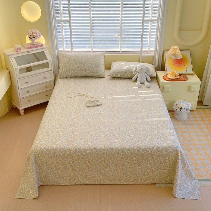 91家纺网 家纺一手货源 找家纺 慕尚家纺 2025新款全棉纯棉老粗布花卉床单款凉席席子 花漾-黄