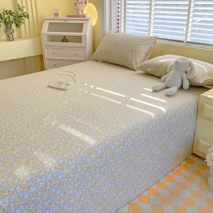 91家纺网 家纺一手货源 找家纺 慕尚家纺 2025新款全棉纯棉老粗布花卉床单款凉席席子 花漾-黄