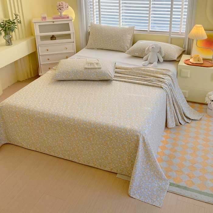 91家纺网 家纺一手货源 找家纺 慕尚家纺 2025新款全棉纯棉老粗布花卉床单款凉席席子 花漾-黄