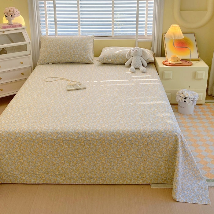 91家纺网 家纺一手货源 找家纺 慕尚家纺 2025新款全棉纯棉老粗布花卉床单款凉席席子 花漾-黄