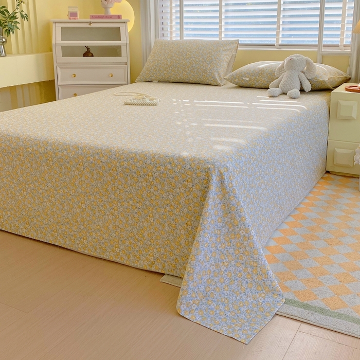 91家纺网 家纺一手货源 找家纺 慕尚家纺 2025新款全棉纯棉老粗布花卉床单款凉席席子 花漾-黄