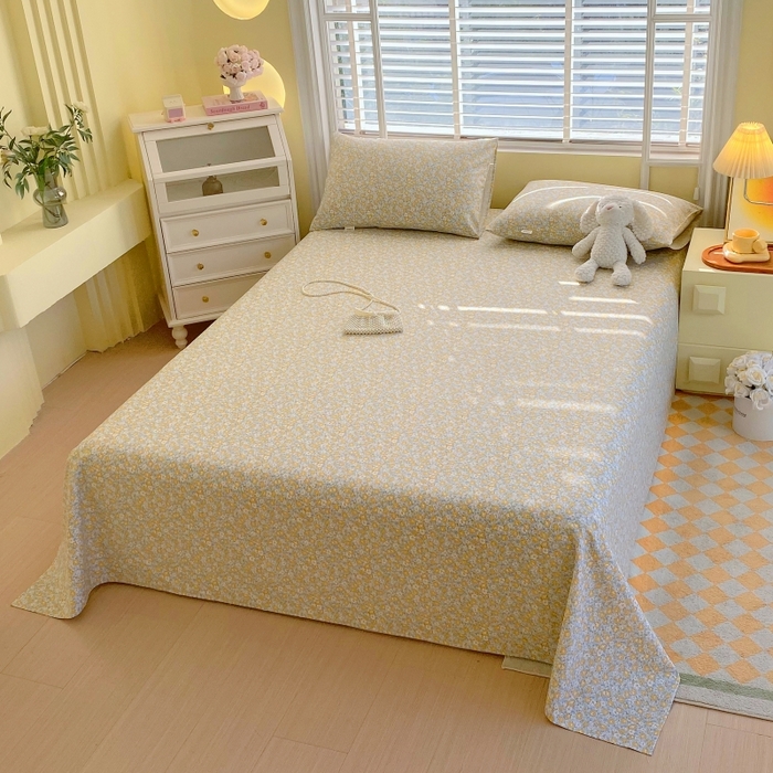 91家纺网 家纺一手货源 找家纺 慕尚家纺 2025新款全棉纯棉老粗布花卉床单款凉席席子 花漾-黄