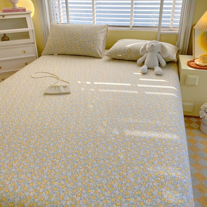 91家纺网 家纺一手货源 找家纺 慕尚家纺 2025新款全棉纯棉老粗布花卉床单款凉席席子 花漾-黄