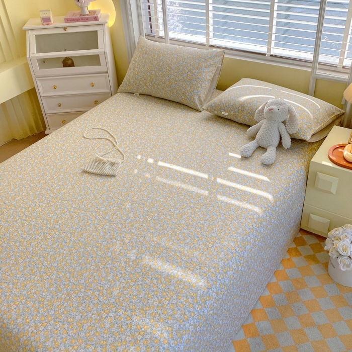 91家纺网 家纺一手货源 找家纺 慕尚家纺 2025新款全棉纯棉老粗布花卉床单款凉席席子 花漾-黄