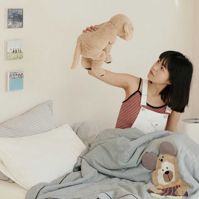 91家纺网 家纺一手货源 找家纺 喜多兔儿童家纺 2025新款色织天丝水洗棉夏被被子被芯 蓝格太阳小熊-日系风