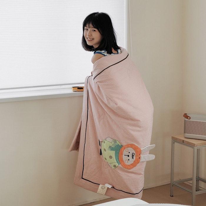 91家纺网 家纺一手货源 找家纺 喜多兔儿童家纺 2025新款色织天丝水洗棉夏被被子被芯 粉格月亮小兔-日系风