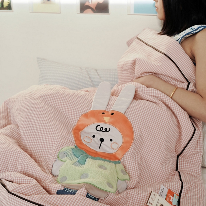 91家纺网 家纺一手货源 找家纺 喜多兔儿童家纺 2025新款色织天丝水洗棉夏被被子被芯 粉格月亮小兔-日系风