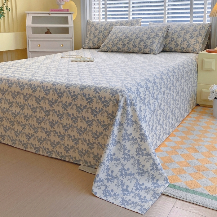 91家纺网 家纺一手货源 找家纺 慕尚家纺 2025新款全棉纯棉老粗布花卉床单款凉席席子 蓝莲花