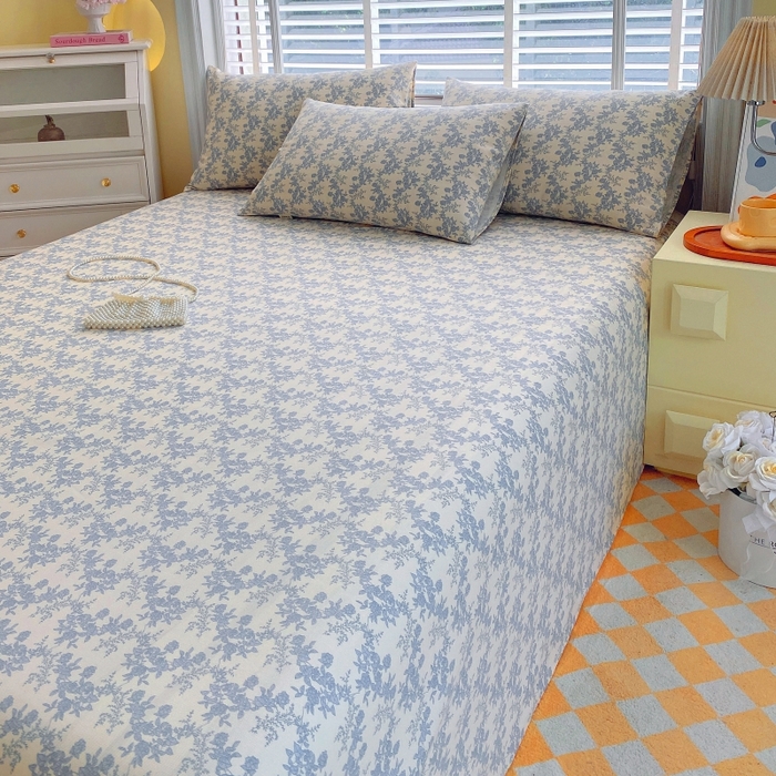 91家纺网 家纺一手货源 找家纺 慕尚家纺 2025新款全棉纯棉老粗布花卉床单款凉席席子 蓝莲花