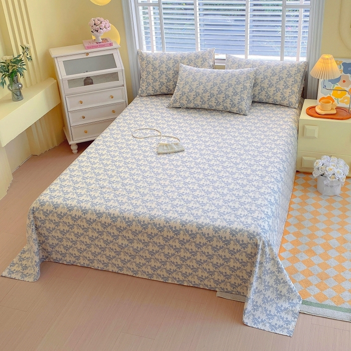 91家纺网 家纺一手货源 找家纺 慕尚家纺 2025新款全棉纯棉老粗布花卉床单款凉席席子 蓝莲花