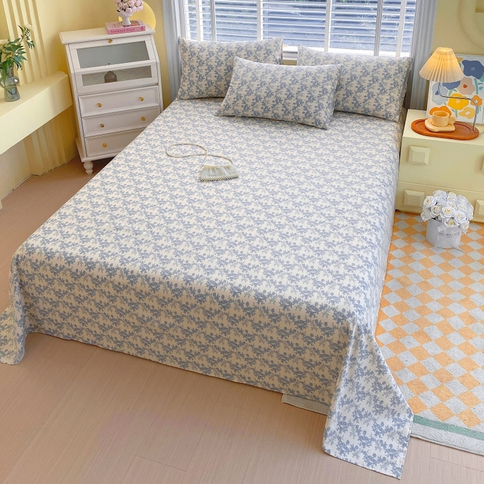 91家纺网 家纺一手货源 找家纺 慕尚家纺 2025新款全棉纯棉老粗布花卉床单款凉席席子 蓝莲花