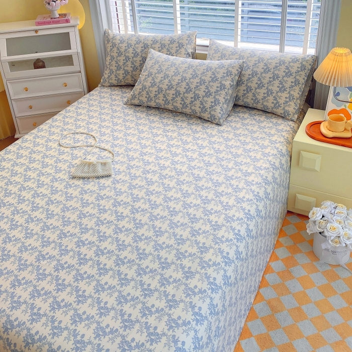 91家纺网 家纺一手货源 找家纺 慕尚家纺 2025新款全棉纯棉老粗布花卉床单款凉席席子 蓝莲花