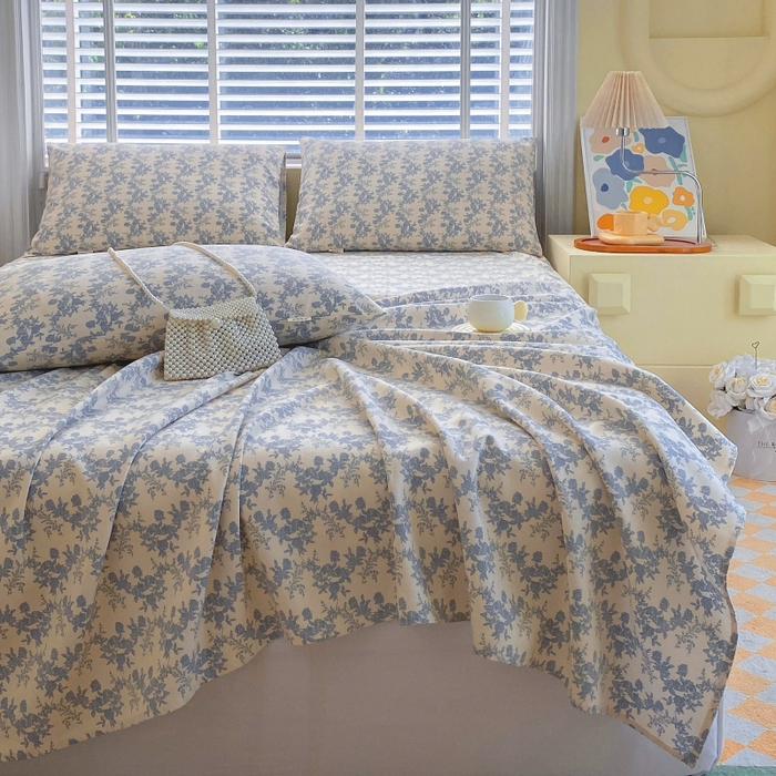 91家纺网 家纺一手货源 找家纺 慕尚家纺 2025新款全棉纯棉老粗布花卉床单款凉席席子 蓝莲花