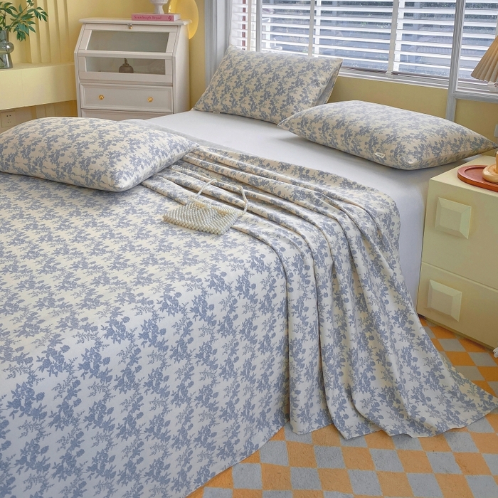 91家纺网 家纺一手货源 找家纺 慕尚家纺 2025新款全棉纯棉老粗布花卉床单款凉席席子 蓝莲花