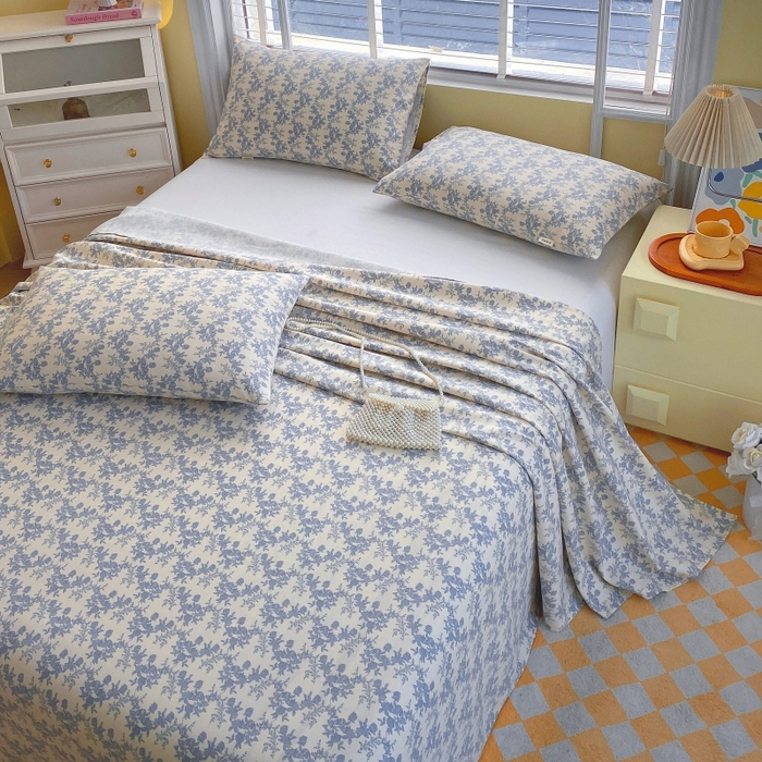 91家纺网 家纺一手货源 找家纺 慕尚家纺 2025新款全棉纯棉老粗布花卉床单款凉席席子 蓝莲花