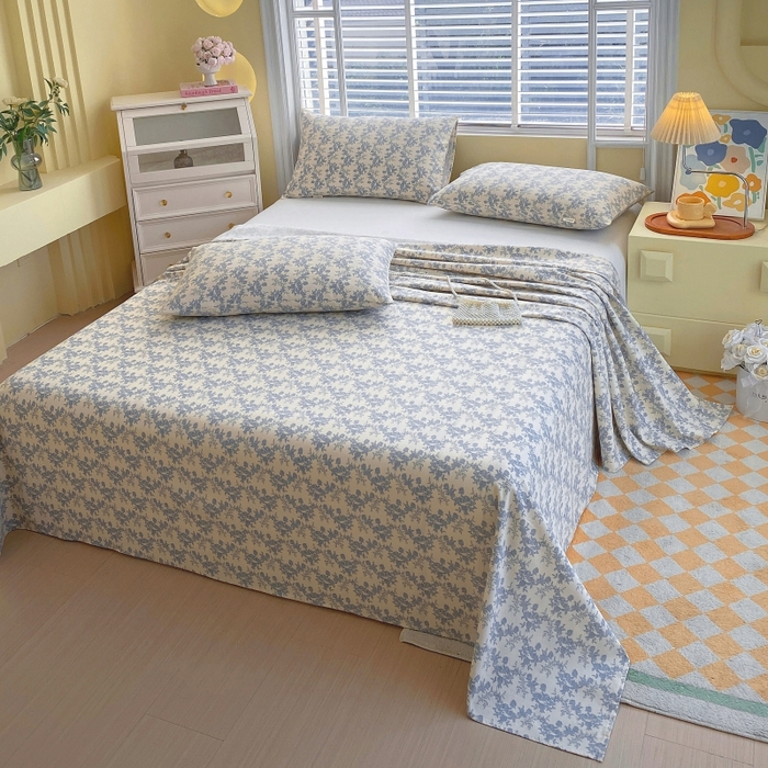 91家纺网 家纺一手货源 找家纺 慕尚家纺 2025新款全棉纯棉老粗布花卉床单款凉席席子 蓝莲花