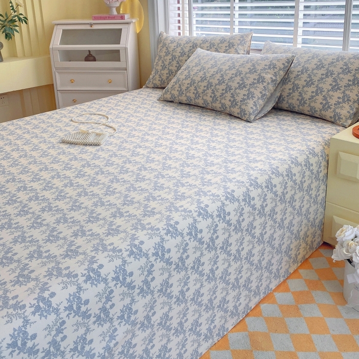 91家纺网 家纺一手货源 找家纺 慕尚家纺 2025新款全棉纯棉老粗布花卉床单款凉席席子 蓝莲花