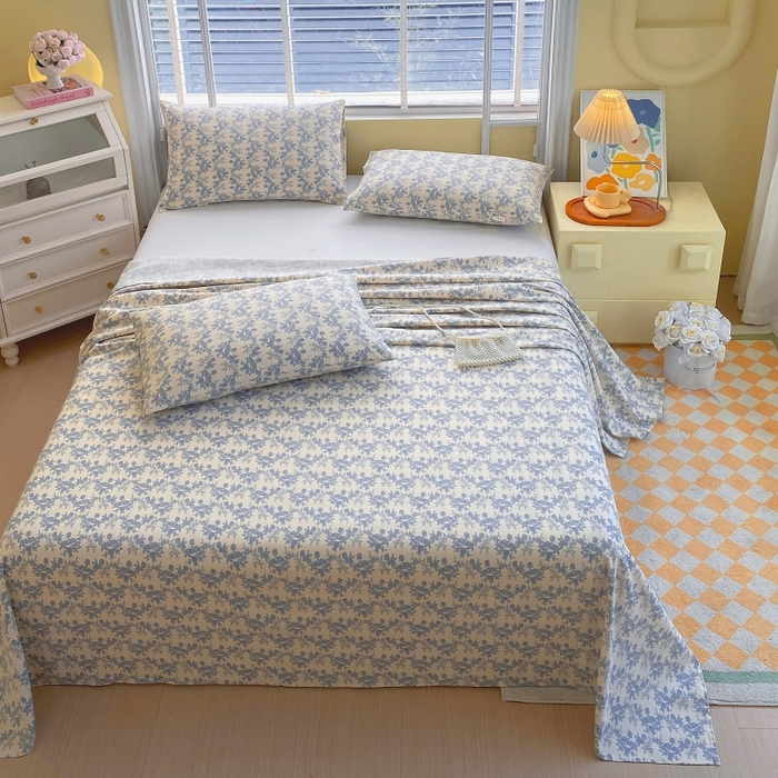 91家纺网 家纺一手货源 找家纺 慕尚家纺 2025新款全棉纯棉老粗布花卉床单款凉席席子 蓝莲花