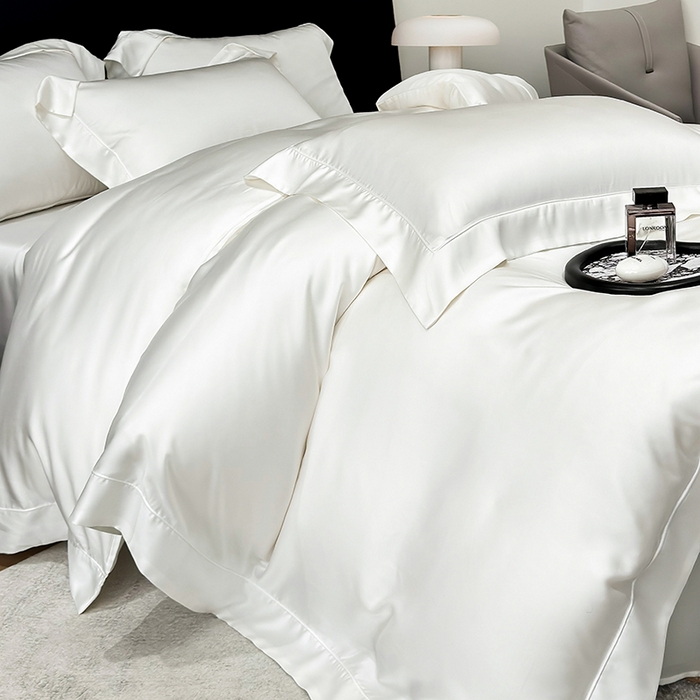 91家纺网 家纺一手货源 找家纺 星蕴家纺 2025新款奥地利兰精天丝莱赛尔纯色埋绳款四件套-莱恩 莱恩-古董白