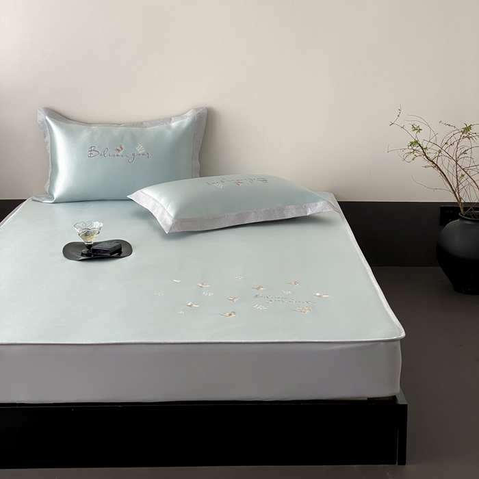 91家纺网 家纺一手货源 找家纺 由有家居 2025新款7A级高精密A类抗菌色织提花进口刺绣冰丝凉席-蝶影 蝶影-绿