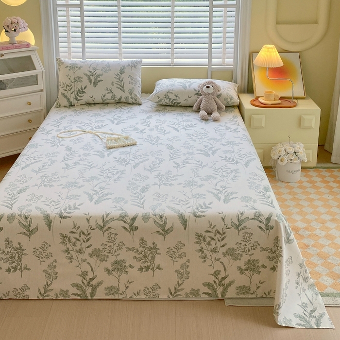 91家纺网 家纺一手货源 找家纺 慕尚家纺 2025新款全棉纯棉老粗布花卉床单款凉席席子 绿野