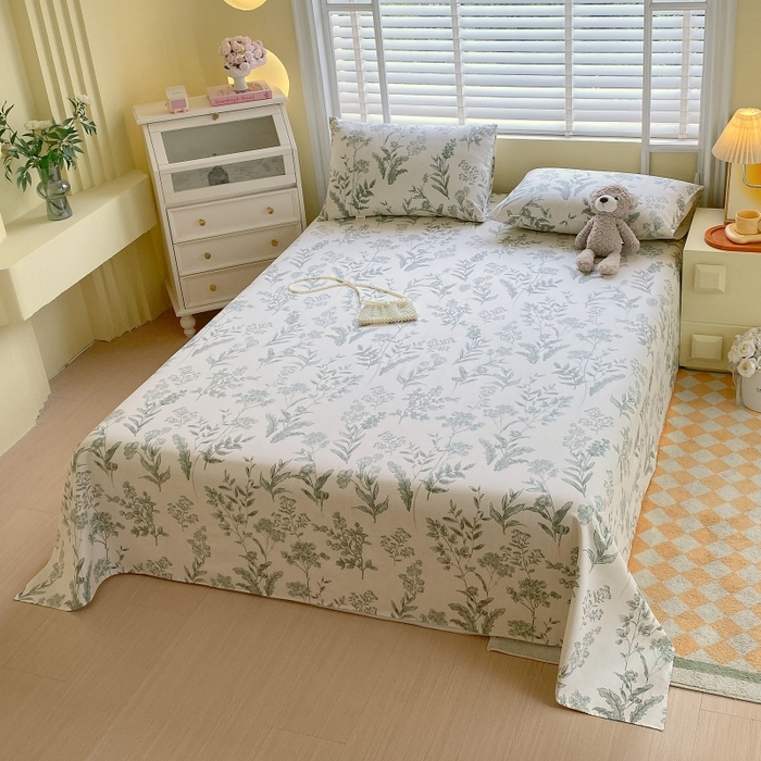 91家纺网 家纺一手货源 找家纺 慕尚家纺 2025新款全棉纯棉老粗布花卉床单款凉席席子 绿野