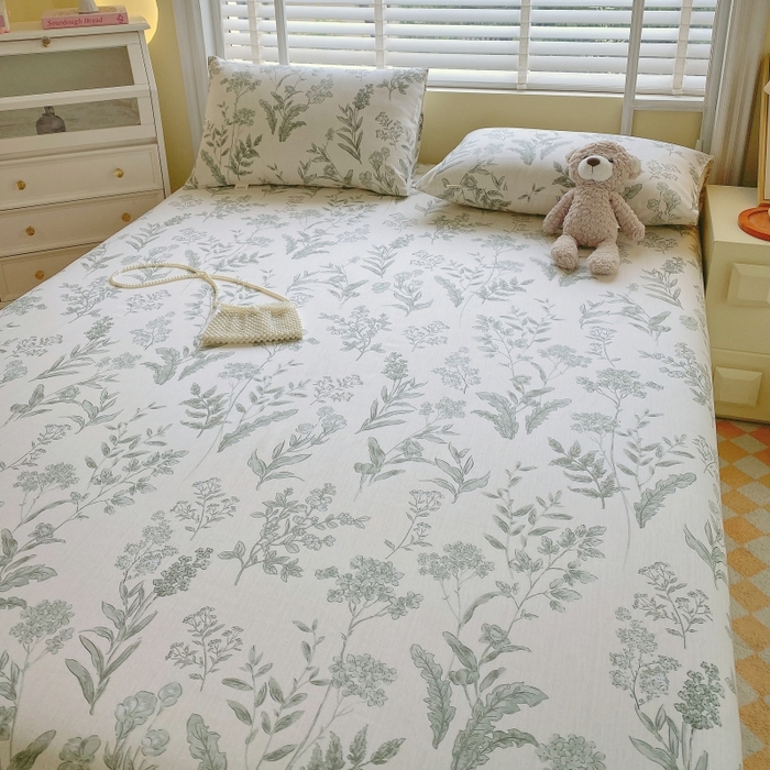 91家纺网 家纺一手货源 找家纺 慕尚家纺 2025新款全棉纯棉老粗布花卉床单款凉席席子 绿野