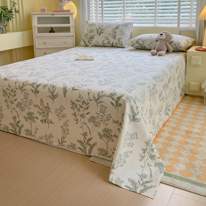 91家纺网 家纺一手货源 找家纺 慕尚家纺 2025新款全棉纯棉老粗布花卉床单款凉席席子 绿野